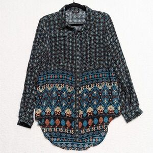 Tolani Silk Tunic Button Up Small Black Aqua Aztec Boho Blouse Prairie Roll Tab